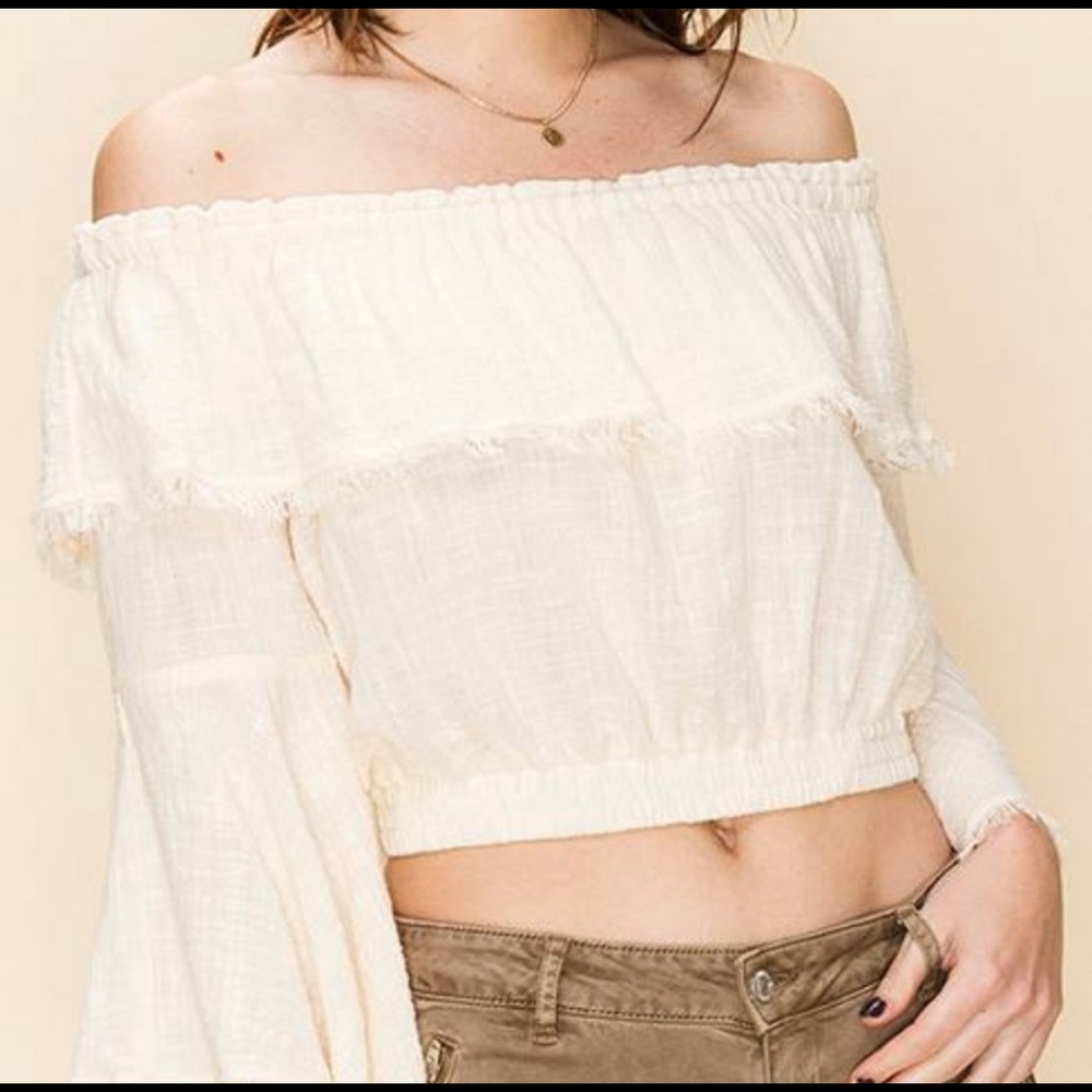 New Top, Bell Sleeve,  Off of the Shoulder, Raw Edge, bohemian, cropped length